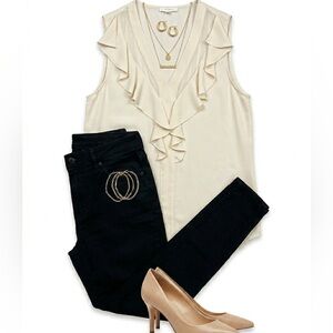 Pleione Cream Ruffle V Neck Sleeveless Blouse Size S Flowy Feminine